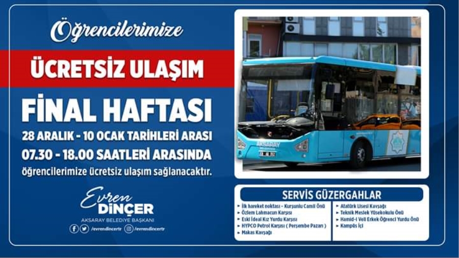 Aksaray Belediyesi Final Haftası Nedeniyle Üniversiteye Ücretsiz Otobüs Seferleri Düzenliyor
