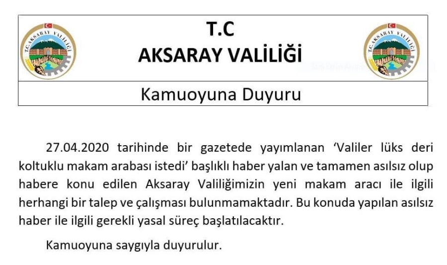Makam Aracı İle Alakalı Çıkan Habere Aksaray Valiliği Açıklama Yaptı