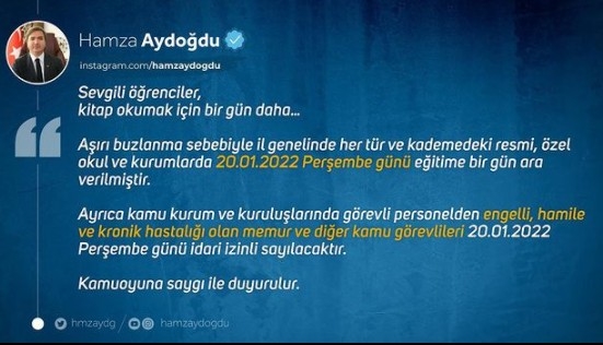 Aksaray'da Okullar (20.01.2022) Yarında Tatil Oldu