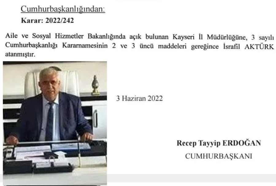 İsrafil Aktürk Kayseri Sosyal Hizmetler İl Müdürü Olarak Atandı