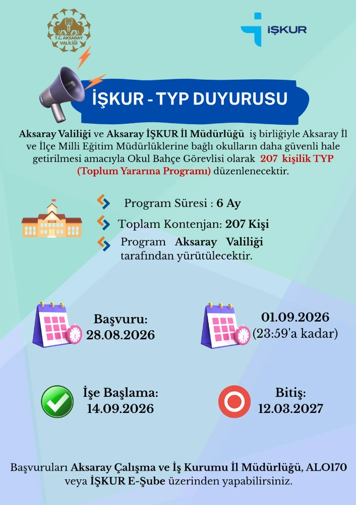 Aksaray’da Okullarda Çalışmak Üzere 207 Kişiye TYP İstihdam Desteği